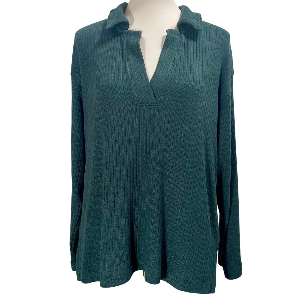 Madewell The Signature Knit Johnny-Collar Sweater Top Evergreen Ribbed Medium